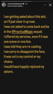 Evan Rachel Wood Confirms She Won’t Join ‘Practical Magic 2’