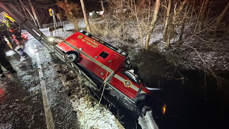 Ambulance Crashes into Creek Following Icy Road Conditions